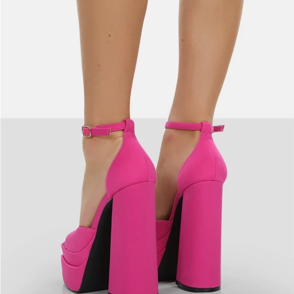 PUBLIC DESIRE MERCY HOT PINK STRAPPY SQUARE TOE PLATFORM HIGH BLOCK HEELS